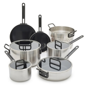 Stainless Steel Ceramic Nonstick 11 Piece Cookware Set with The Tucci Cookbook - Black Handles